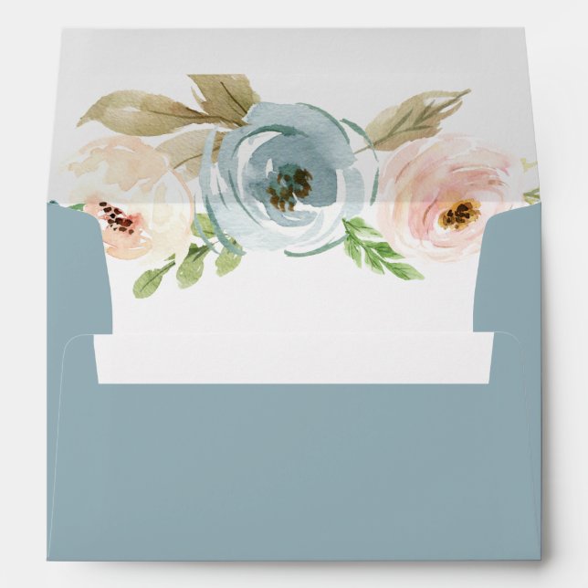 Dusty Blue and Blush Pink Floral Blue Wedding Envelope (Back (Bottom))