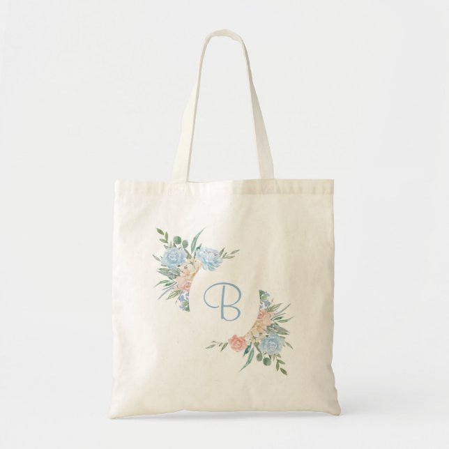 Dusty blue and blush pink floral personalised tote bag (Front)