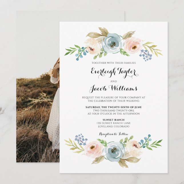 Dusty Blue and Blush Pink Floral Photo Wedding Invitation (Front/Back)