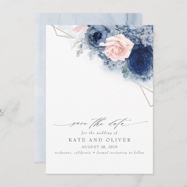 Dusty Blue and Blush Pink Floral Save the Date Announcement (Front/Back)