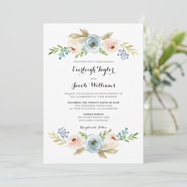 Dusty Blue and Blush Pink Floral Wedding Invitation (Standing Front)