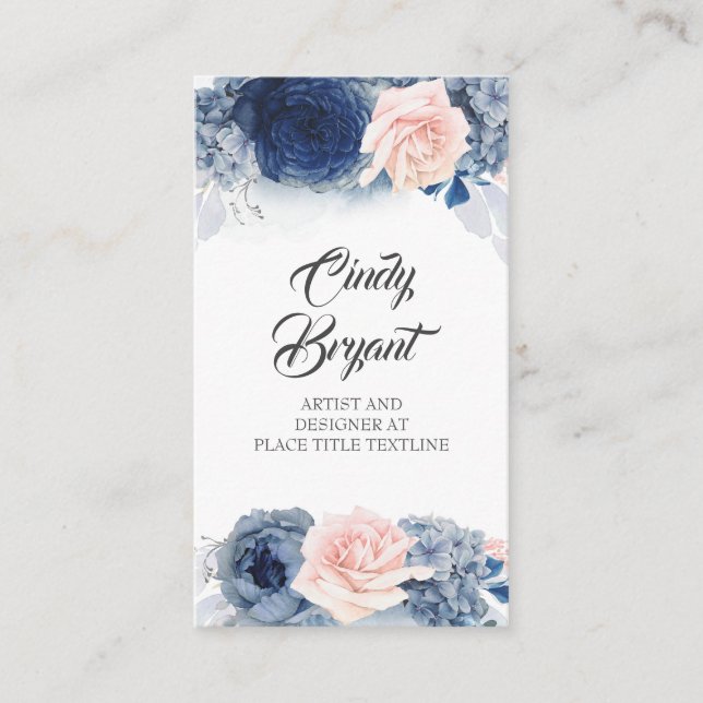 Dusty Blue and Blush Pink Flowers Elegant Stylish Business Card (Front)