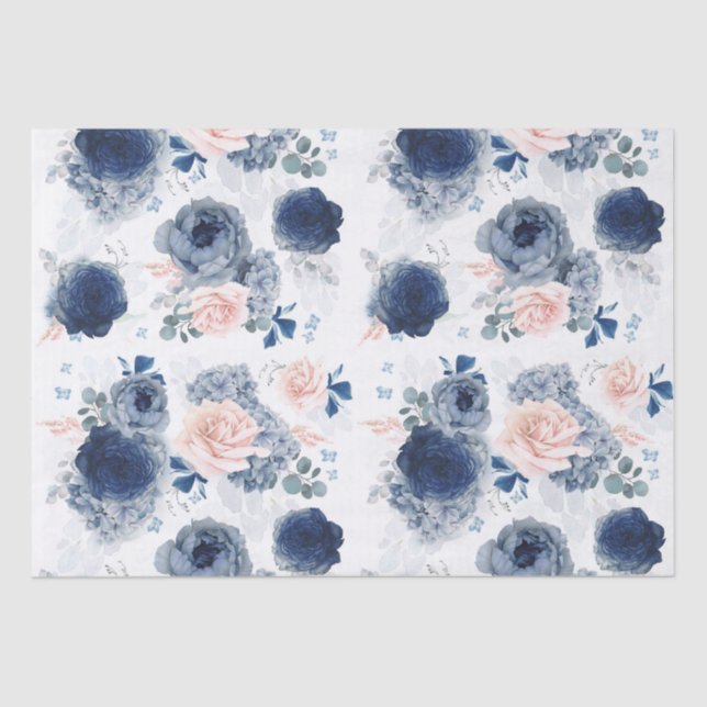 Dusty Blue and Blush Pink Flowers Elegant Tissue Paper (Front)