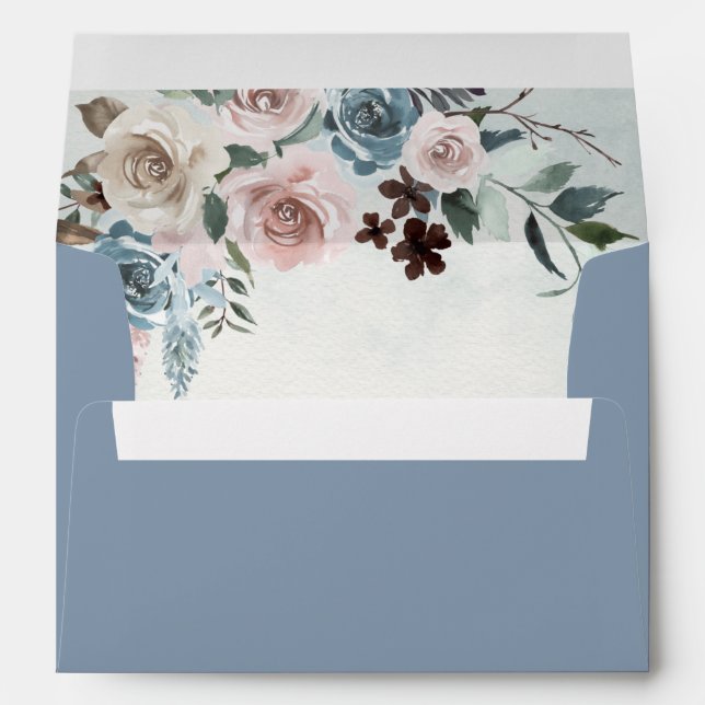 Dusty Blue and Blush Pink Mauve Floral Wedding Envelope (Back (Bottom))