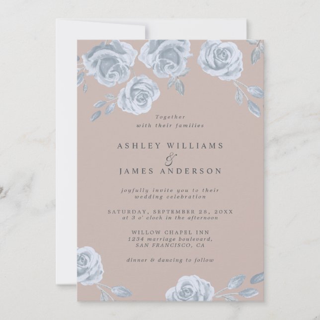 Dusty Blue and Blush Pink Watercolor Rose Wedding Invitation (Front)