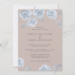 Dusty Blue and Blush Pink Watercolor Rose Wedding Invitation