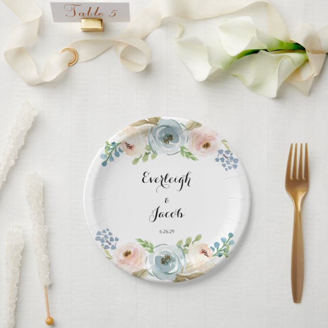 Dusty Blue and Blush Pink Wedding Paper Plate (Wedding)