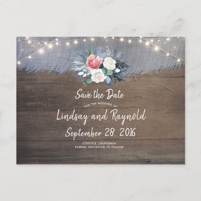 Dusty Blue and Blush Rustic Country Save the Date Announcement Postcard (Front)