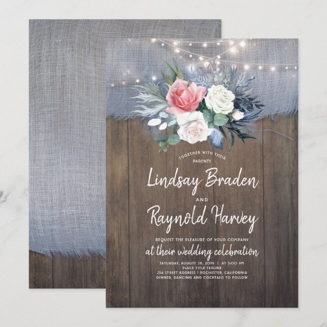 Dusty Blue and Blush Rustic Country Wedding Invitation (Front/Back)