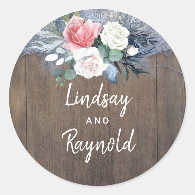 Dusty Blue and Blush Rustic Country Wood and Linen Classic Round Sticker (Front)