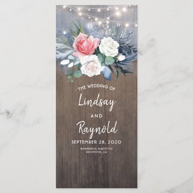Dusty Blue and Blush Rustic Wood Wedding Programs Programme (Front)