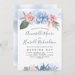 Dusty Blue and Blush Tropical Beach Wedding Invitation