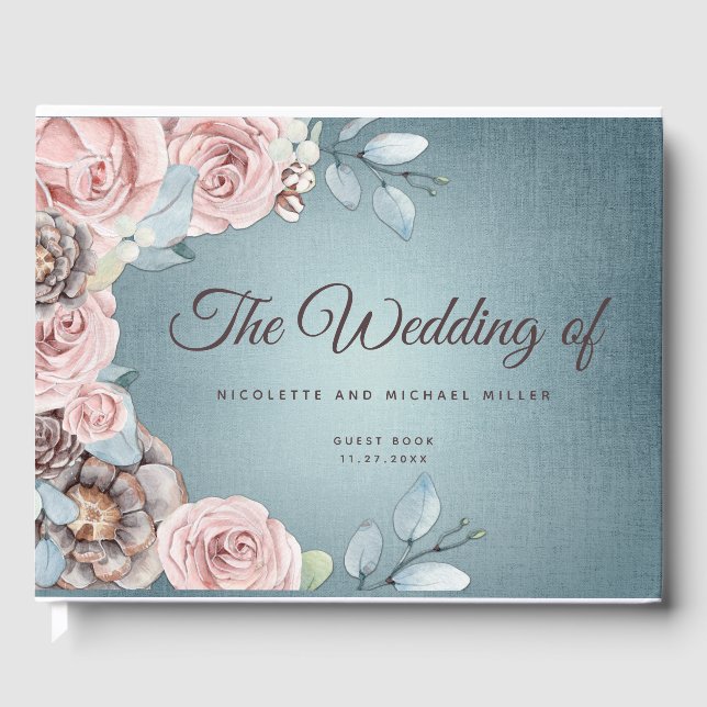 Dusty Blue and Blush Woodland Winter Wedding Guest Book (Front)