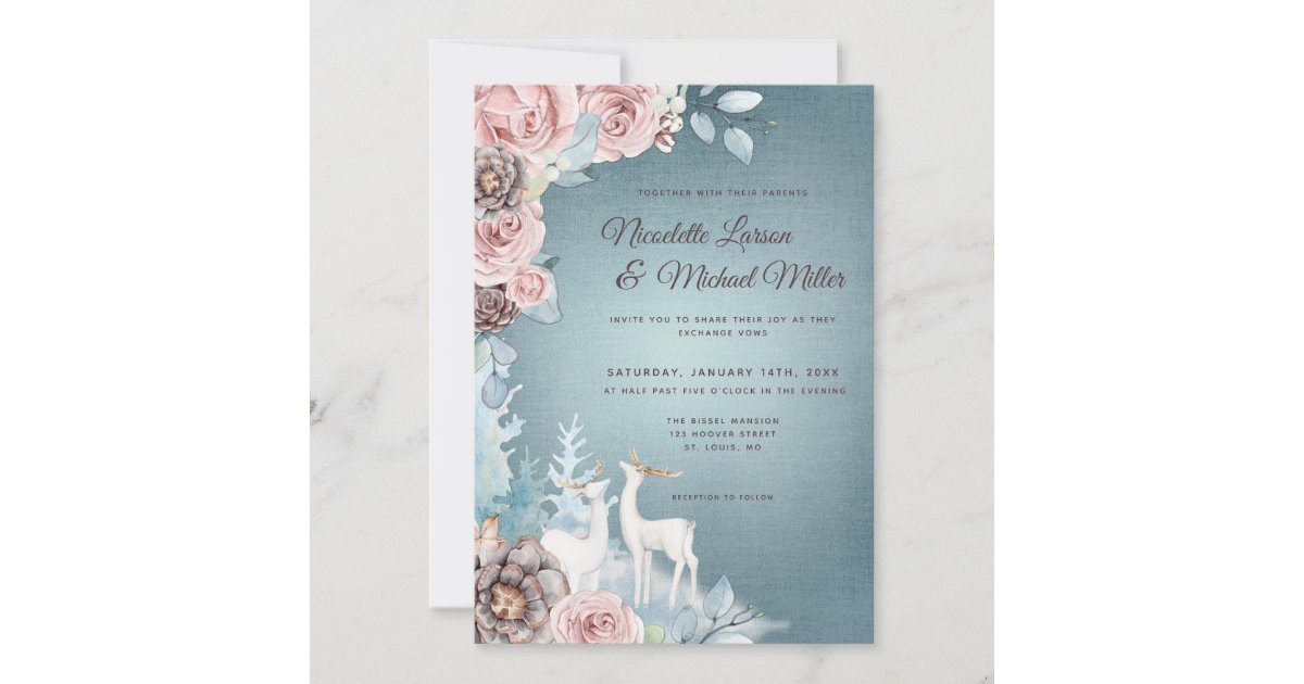 Dusty Blue and Blush Woodland Winter Wedding Invitation