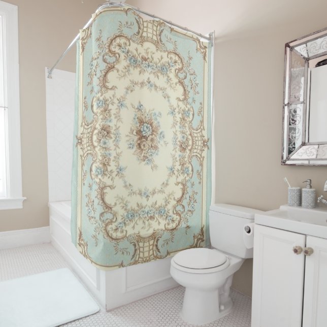 Dusty Blue and Brown Floral Oriental Shower Curtain (In Situ)