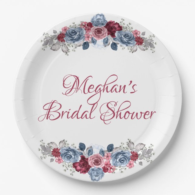 Dusty Blue and Burgundy Bridal Shower   Paper Plate (Front)