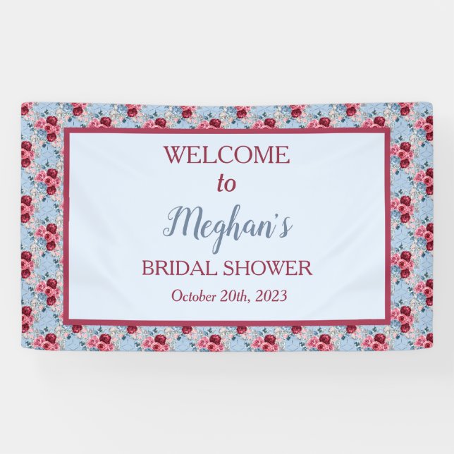 Dusty Blue and Burgundy Bridal Shower Welcome    Banner (Horizontal)