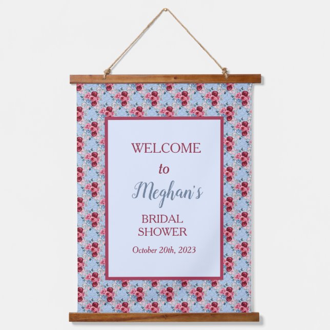 Dusty Blue and Burgundy Bridal Shower Welcome  Hanging Tapestry (Front)