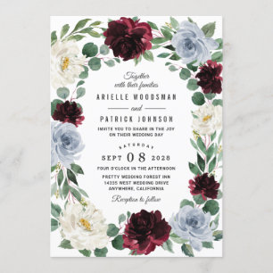 Dusty Blue and Burgundy Cranberry Fall Wedding Invitation