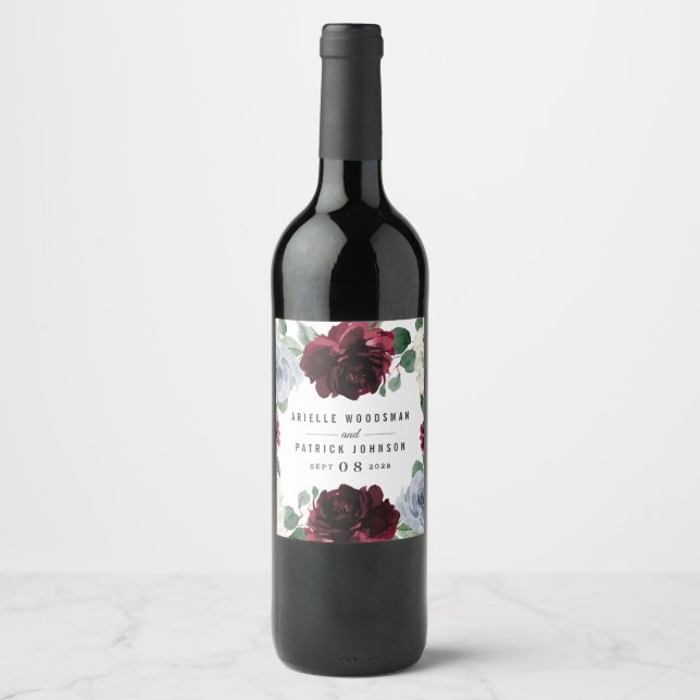 Dusty Blue and Burgundy Cranberry Fall Wedding Wine Label (Front)