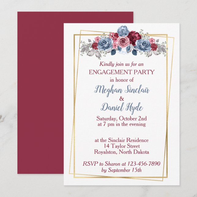Dusty Blue and Burgundy Engagement Party   Invitation (Front/Back)