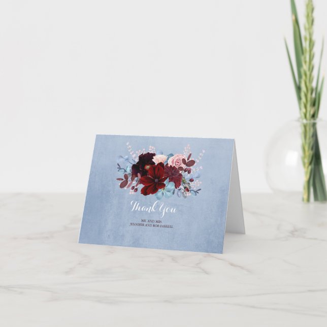 Dusty Blue and Burgundy Floral Thank You Card (Front)
