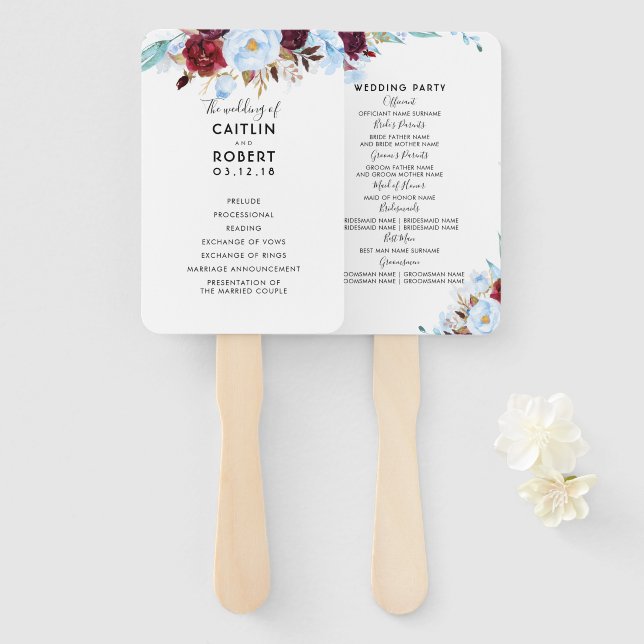 Dusty Blue and Burgundy Floral Wedding Program Hand Fan (Front and Back)