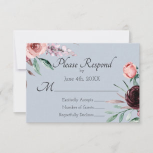 Dusty Blue and Burgundy Floral Wedding RSVP Card