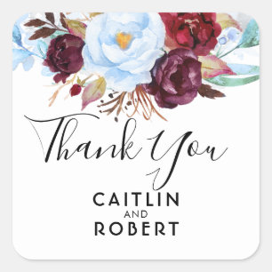 Dusty Blue and Burgundy Flowers Elegant Thank You Square Sticker