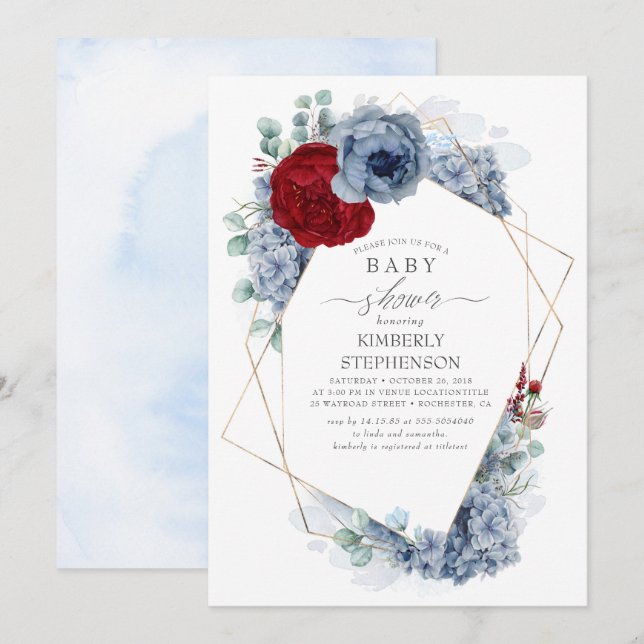 Dusty Blue and Burgundy Red Floral Baby Shower Invitation (Front/Back)