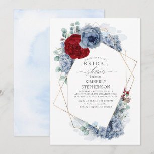 Dusty Blue and Burgundy Red Floral Bridal Shower Invitation