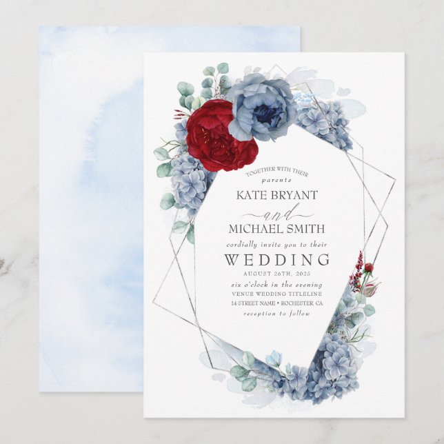 Dusty Blue and Burgundy Red Floral Elegant Wedding Invitation (Front/Back)