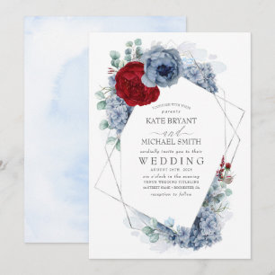 Dusty Blue and Burgundy Red Floral Elegant Wedding Invitation