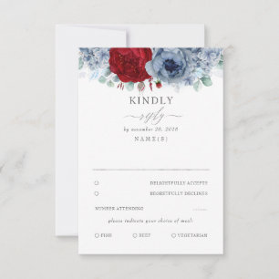 Dusty Blue and Burgundy Red Floral Wedding RSVP Card
