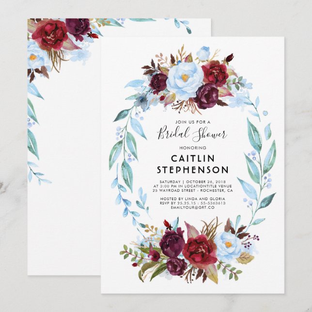 Dusty Blue and Burgundy Red Flowers Bridal Shower Invitation (Front/Back)