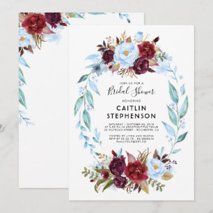 Dusty Blue and Burgundy Red Flowers Bridal Shower Invitation