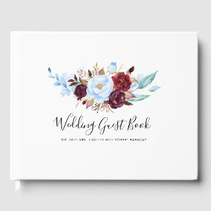 Dusty Blue and Burgundy Red Flowers Guest Book