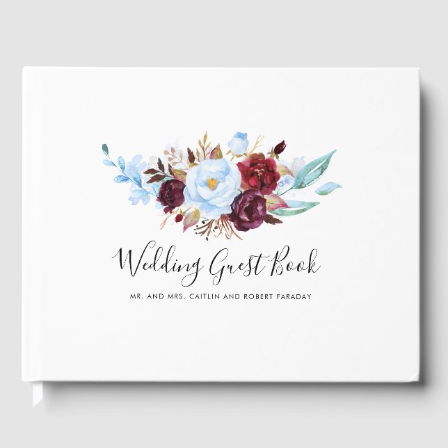 Dusty Blue and Burgundy Red Flowers Guest Book (Front)