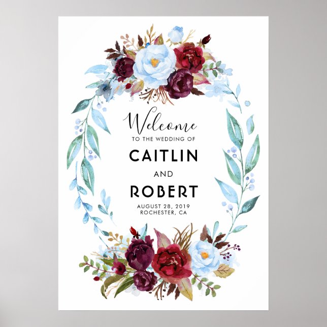Dusty Blue and Burgundy Red Flowers Poster (Front)