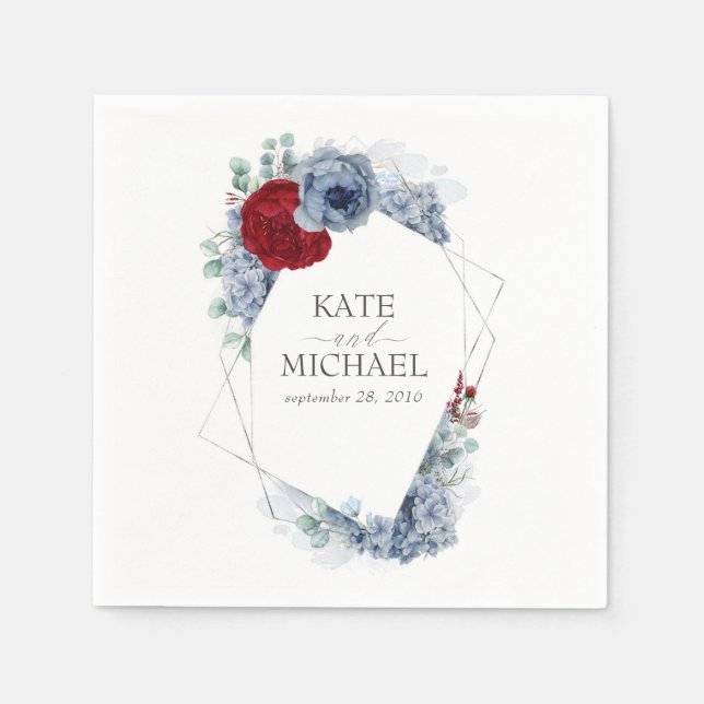 Dusty Blue and Burgundy Red Flowers Wedding Napkin (Front)