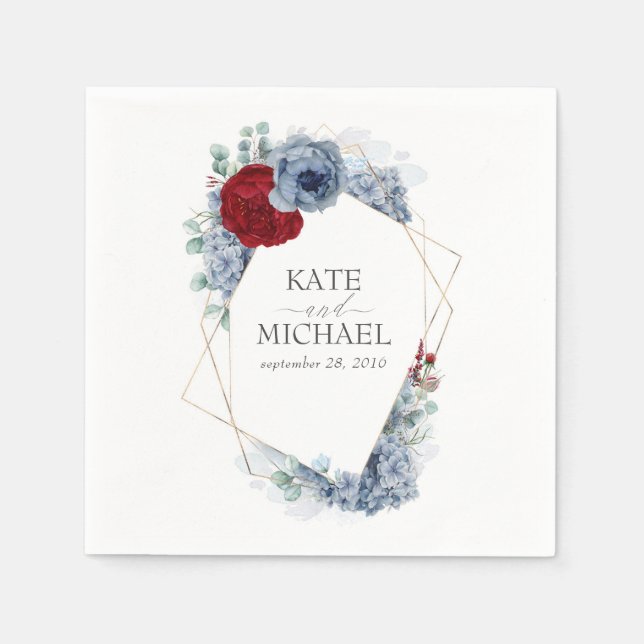Dusty Blue and Burgundy Red Flowers Wedding Napkin (Front)