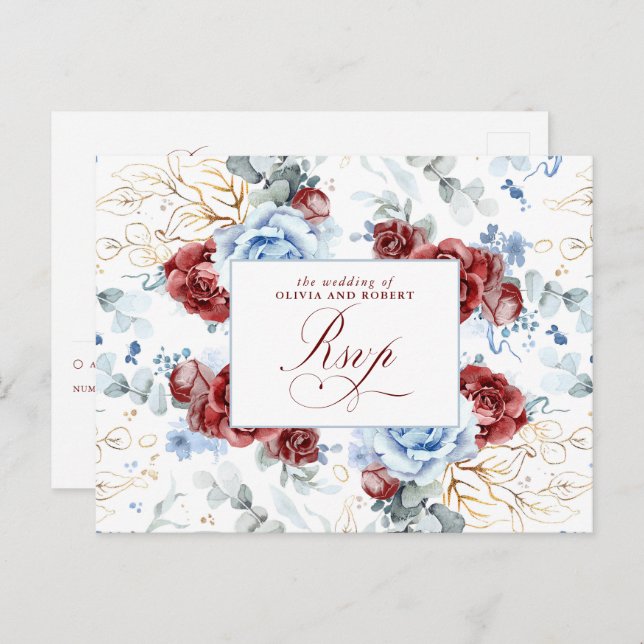 Dusty Blue and Burgundy Red Wedding RSVP Postcard (Front/Back)