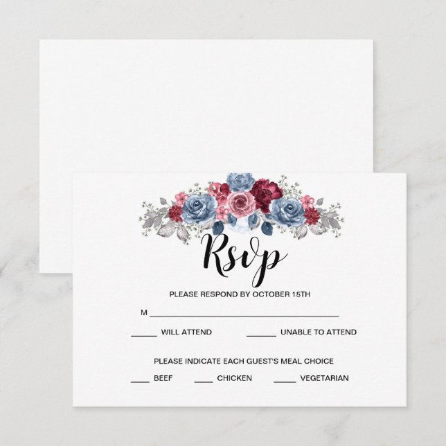 Dusty Blue and Burgundy Wedding  RSVP   (Front/Back)