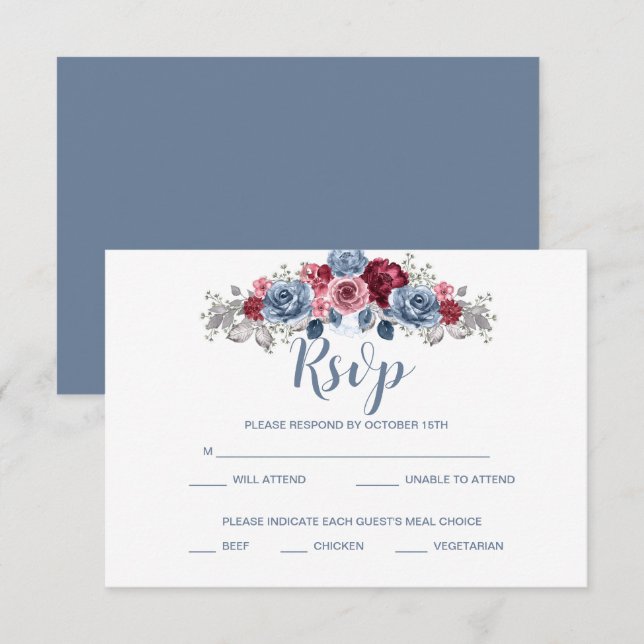 Dusty Blue and Burgundy Wedding  RSVP Enclosure   Card (Front/Back)