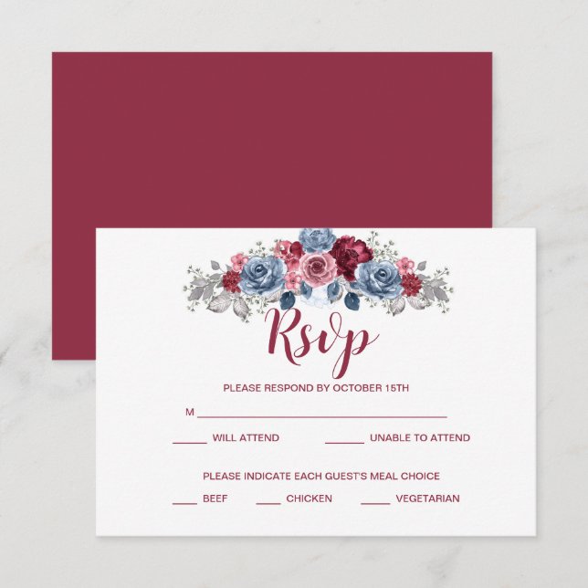 Dusty Blue and Burgundy Wedding  RSVP Enclosure    Save The Date (Front/Back)