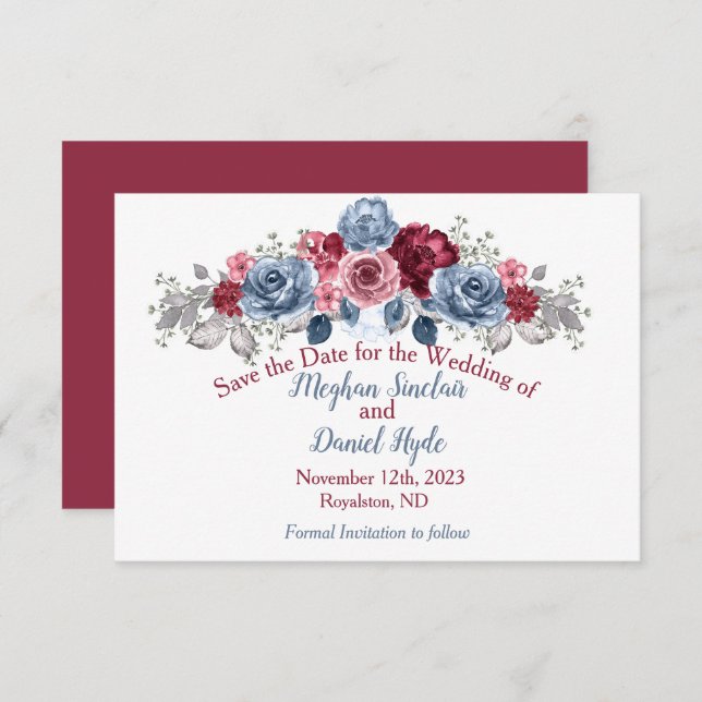 Dusty Blue and Burgundy Wedding  Save The Date (Front/Back)