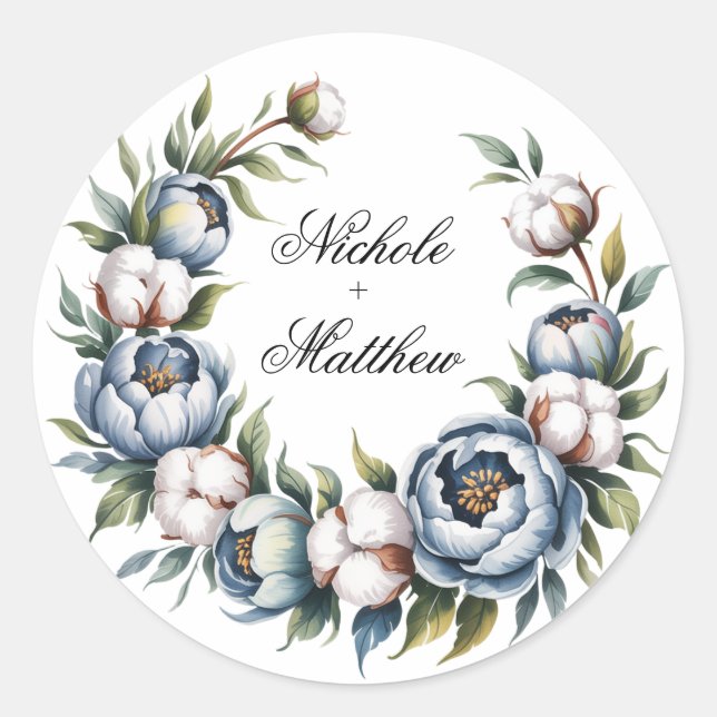 Dusty Blue and Cotton Wedding Classic Round Sticker (Front)