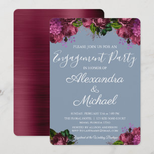 Dusty Blue and Cranberry Burgundy Engagement Party Invitation