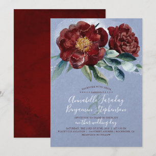 Dusty Blue and Cranberry Burgundy Red Wedding Invitation