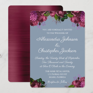 Dusty Blue and Cranberry Burgundy Wedding Invitation